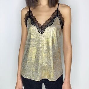 New! Sandro Women’s Lace-Trimmed Metallic Gold Silk Camisole Tank Top Small